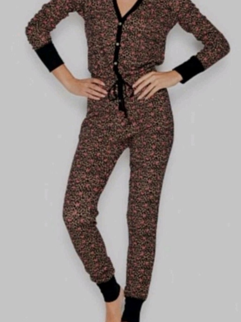 Victoria's Secret Thermal Jumpsuit Pajama Black Rose Button Up One Piece